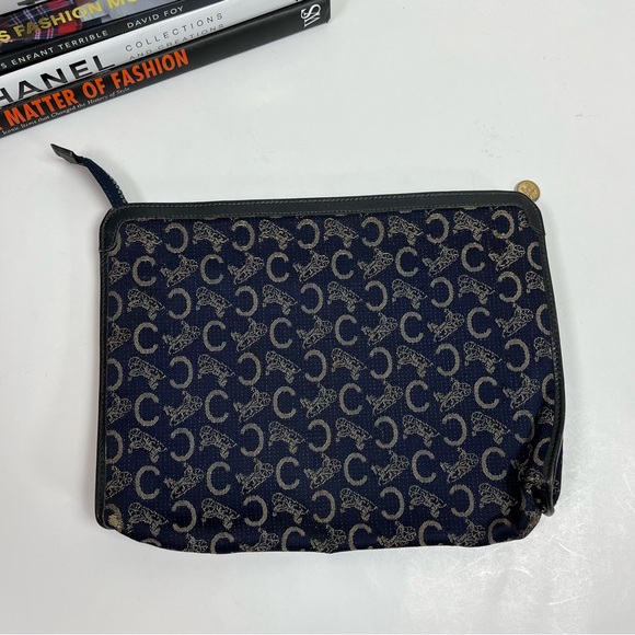 CELINE Clutch Bag C Macadam Blue Logo Carriage Cloth Nylon Leather Purse